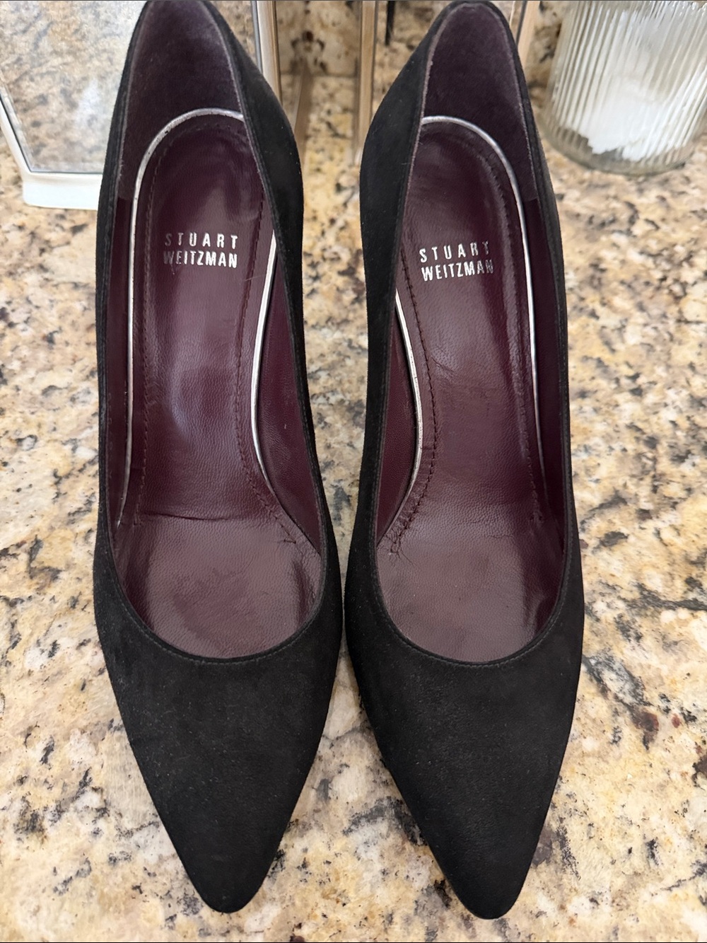 Stuart Weitzman Black Suede Pointed Pumps with Burgundy Insole